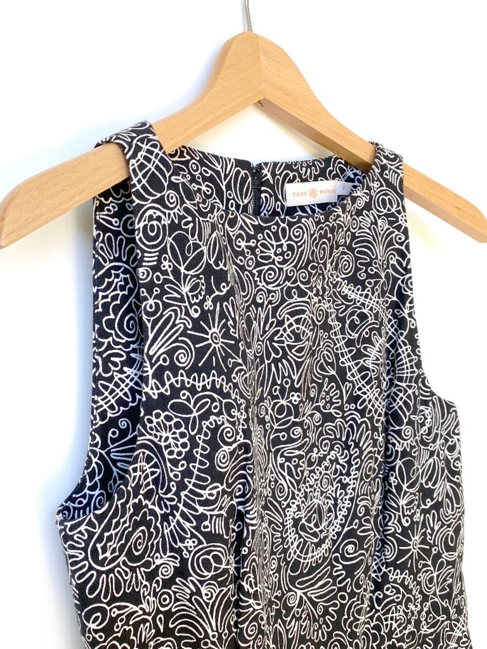 Tory Burch Silk Cotton Sleeveless Dress Paisley Black White Stretch Size 2